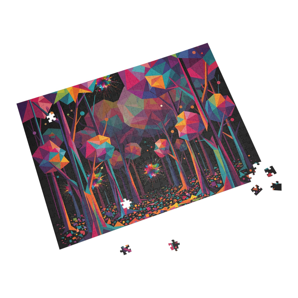GEOMETRIC FOREST 500-piece art puzzle by Scattercrate — emerald and gold low-poly geometric forest