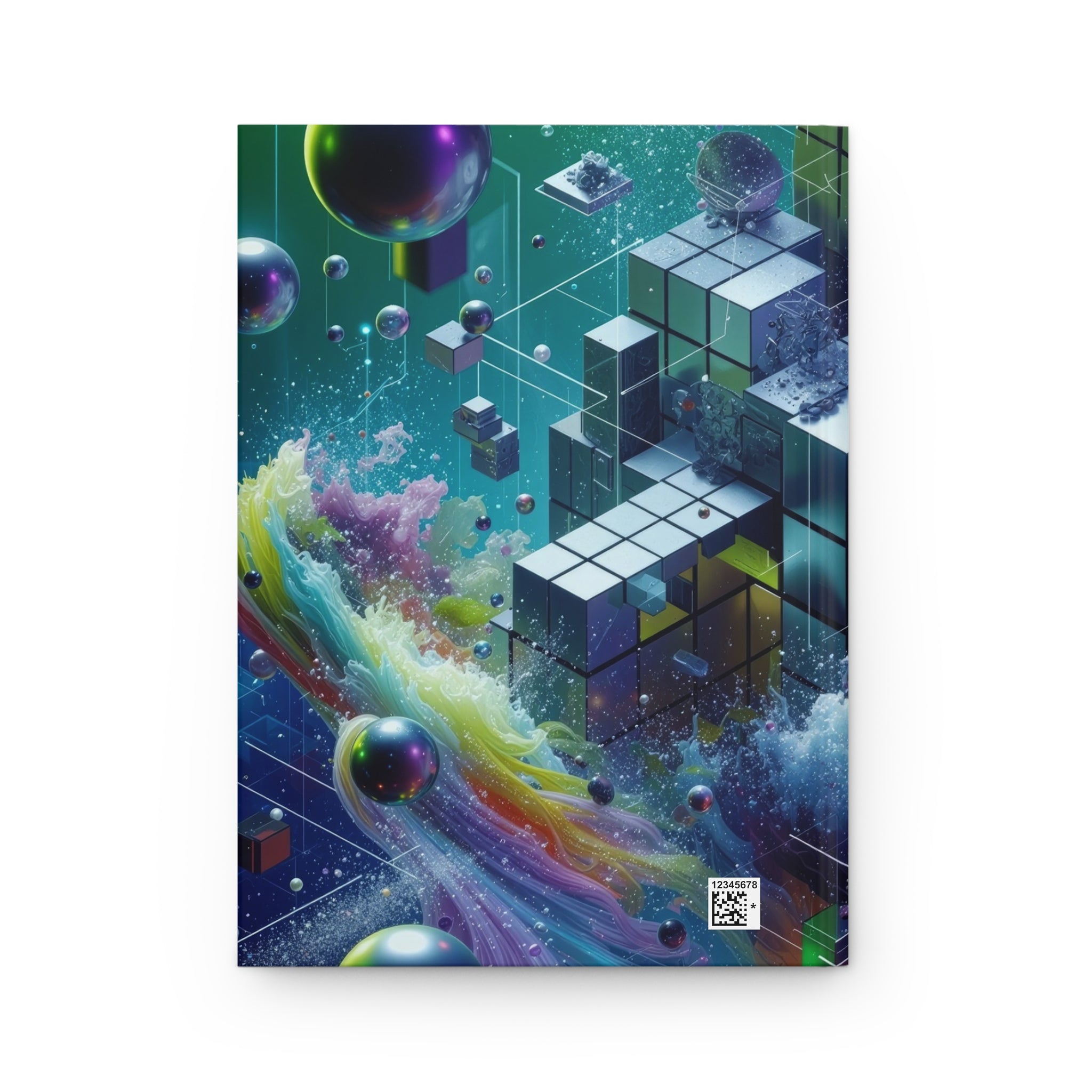 VOXEL chrome geometric cosmos hardcover journal by Scattercrate — mirror cubes suspended in a green-violet nebula