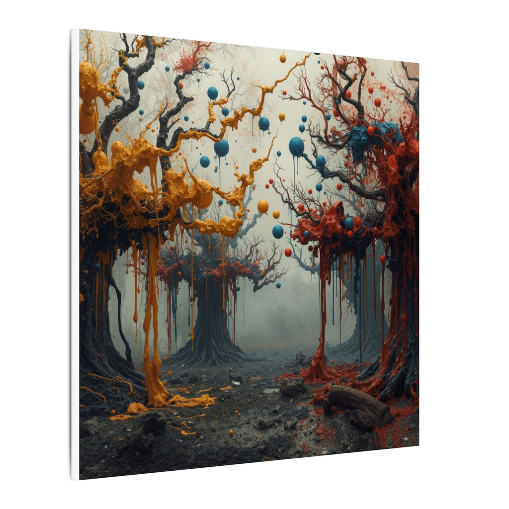CONJURE surreal paint forest canvas wall art by Scattercrate — gnarled trees dripping gold and crimson
