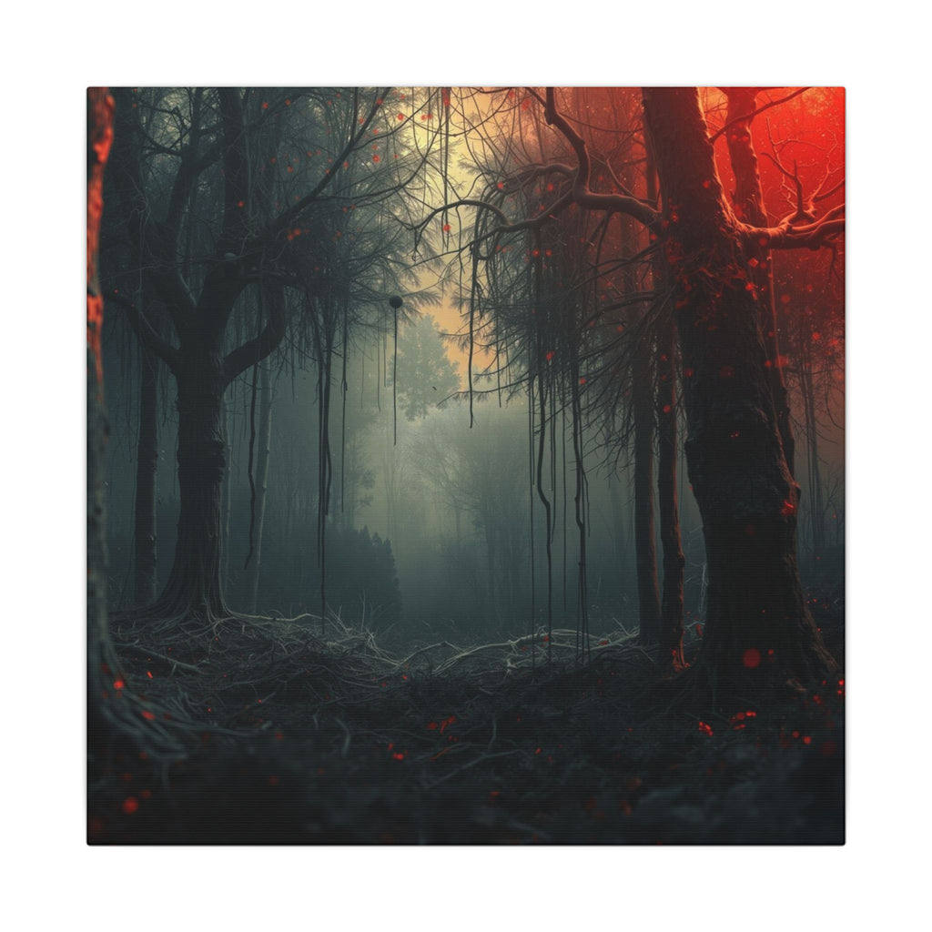CRIMSONVEIL crimson canopy misty forest framed canvas wall art by Scattercrate — deep red moody decor