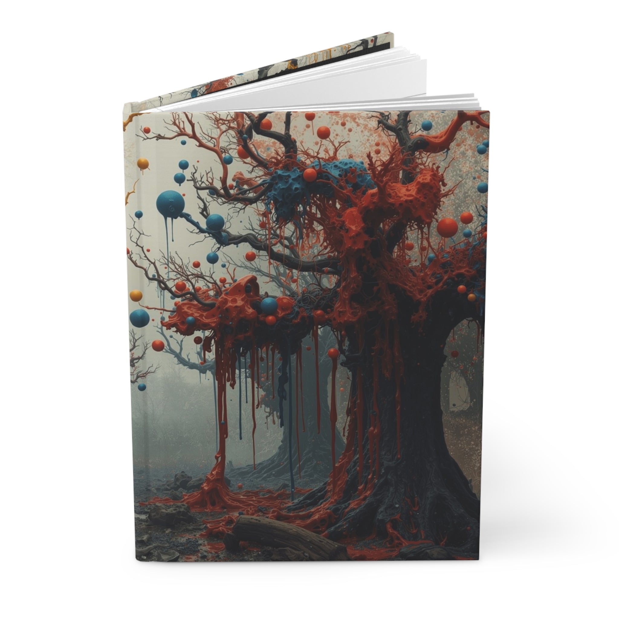 CONJURE surreal paint forest hardcover art journal by Scattercrate — gnarled trees dripping gold and crimson