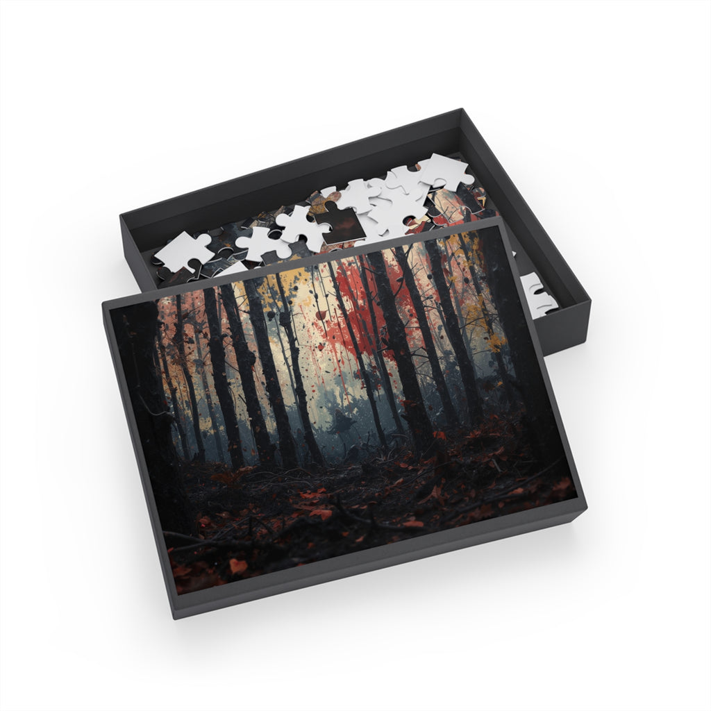 HUSHWOOD 500-piece abstract forest art puzzle by Scattercrate — hushed moody forest jigsaw gift