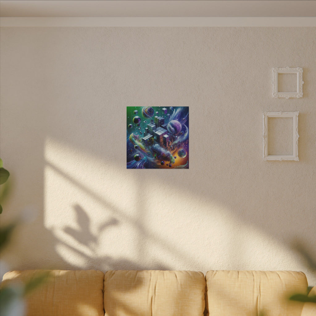 VOXEL chrome geometric cosmos canvas print by Scattercrate — mirror cubes suspended in a green-violet nebula