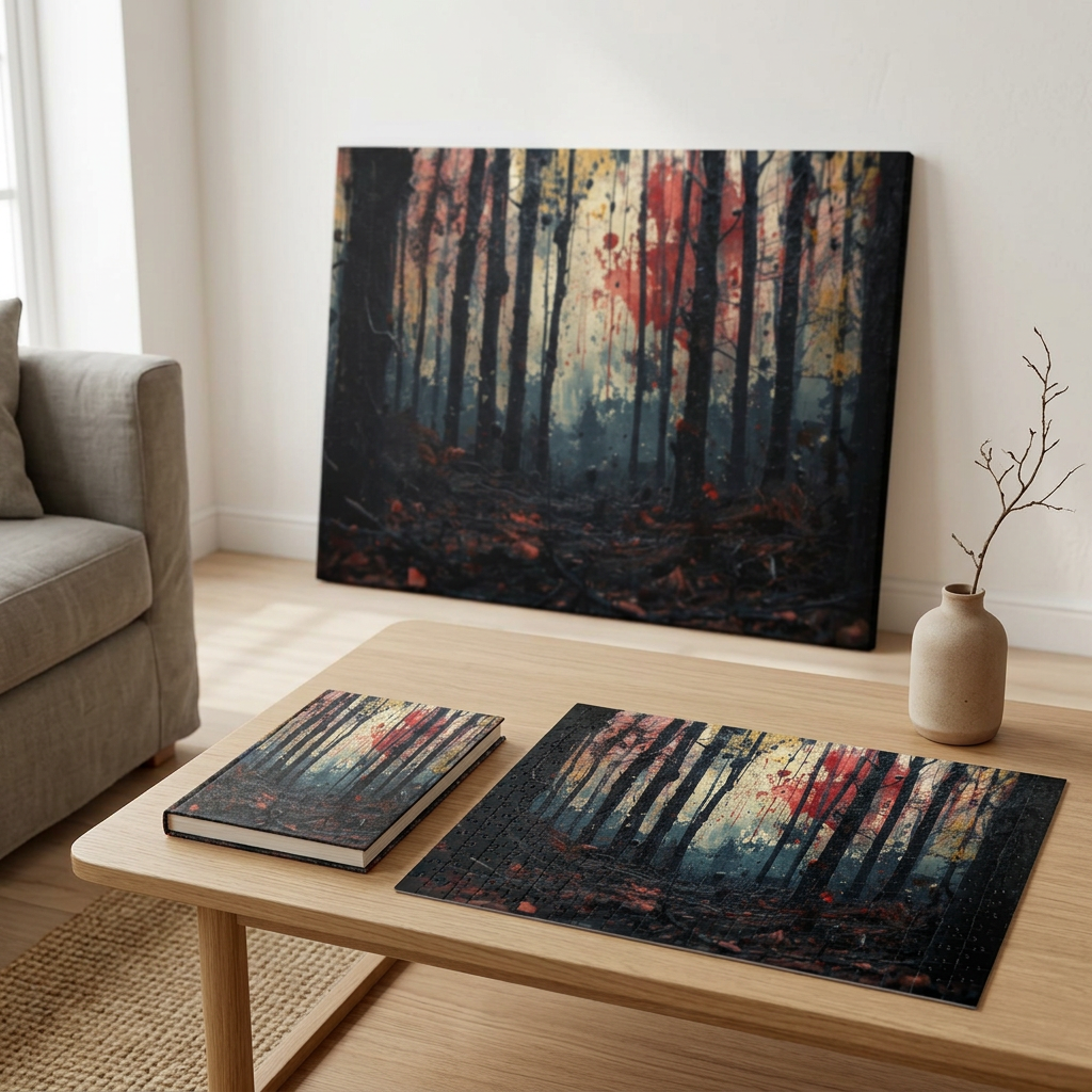HUSHWOOD abstract ink-forest framed canvas wall art by Scattercrate — hushed moody forest decor