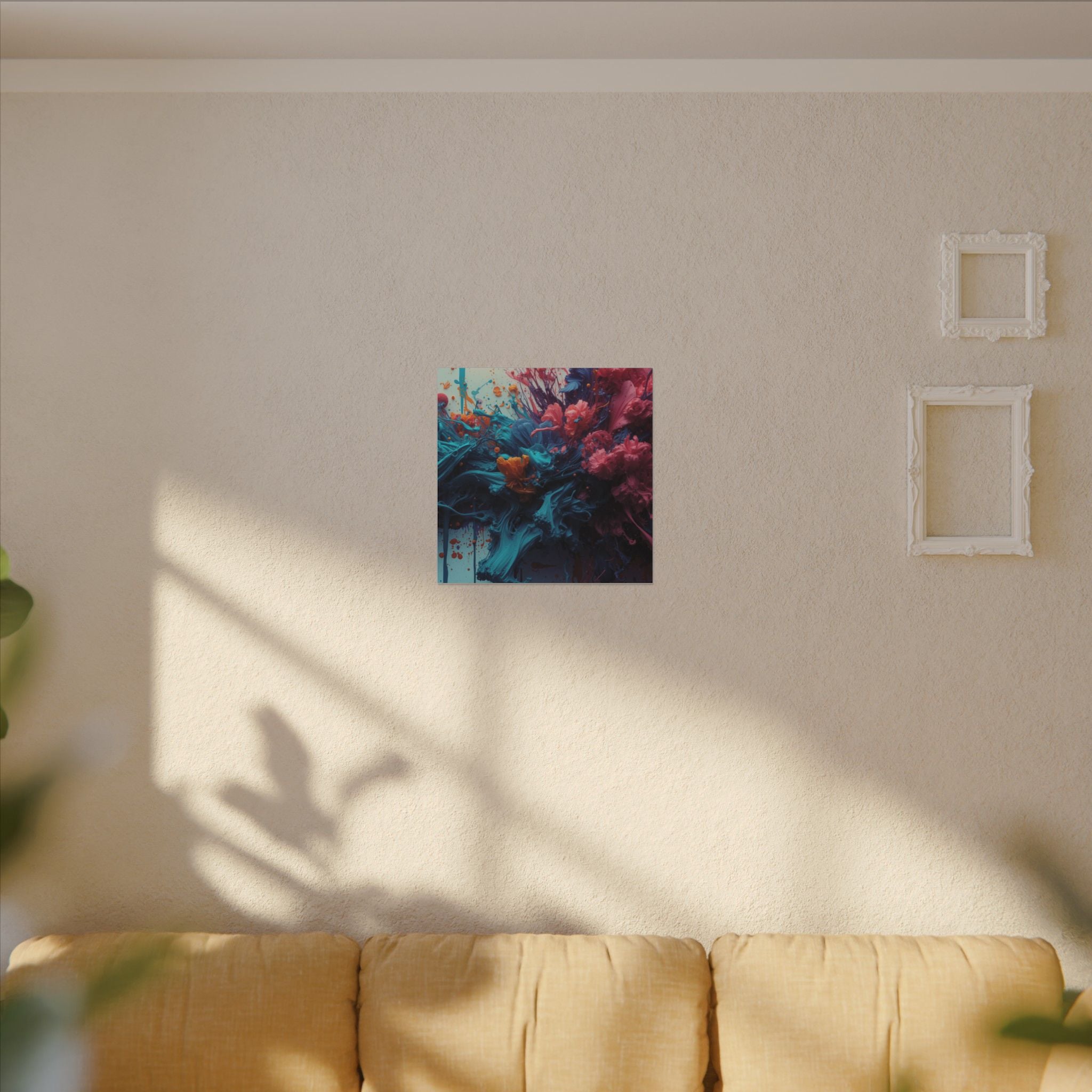 Marigoldtide canvas print by Scattercrate — turquoise ink tide with real marigold and dahlia blooms