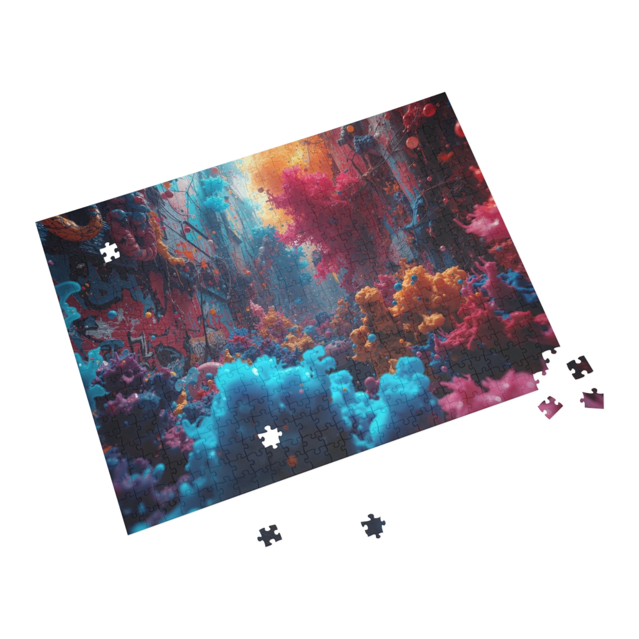 Alleybloom 500-piece jigsaw puzzle by Scattercrate — graffiti coral ink blooms on a tagged alley wall