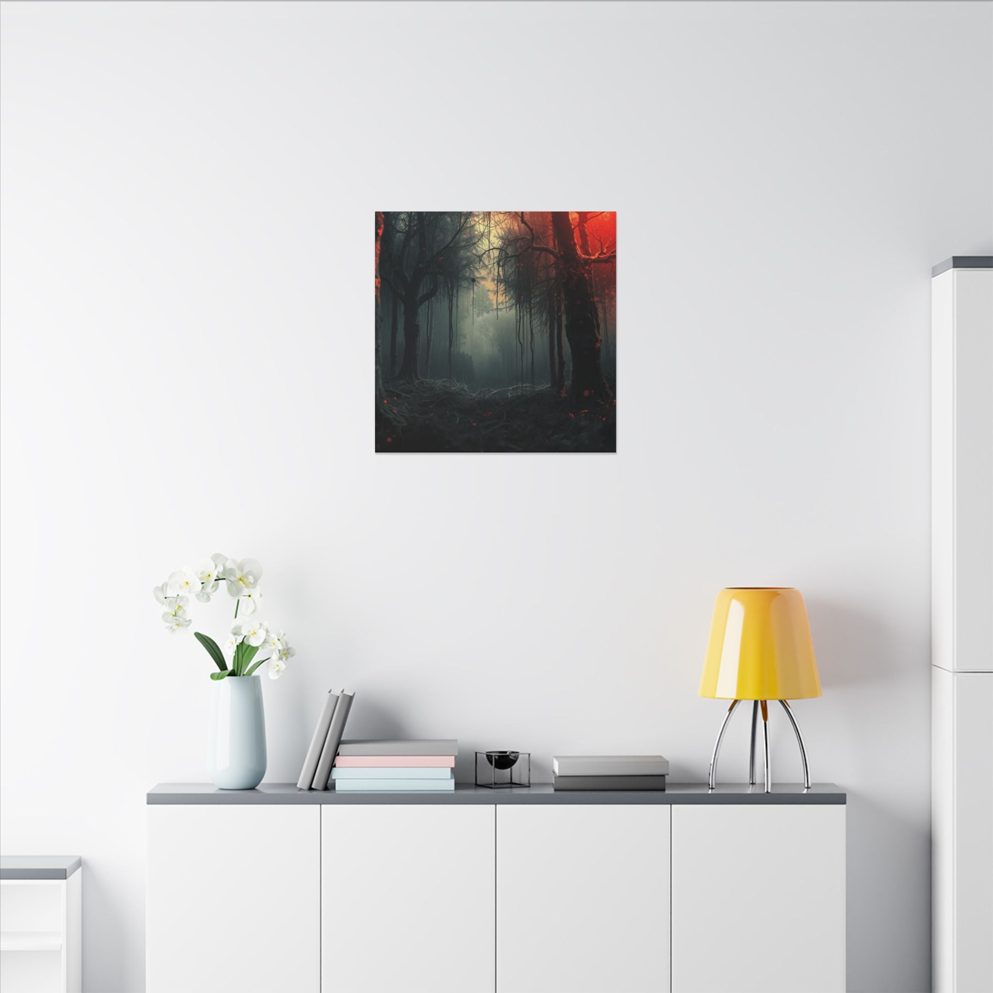 CRIMSONVEIL crimson canopy misty forest framed canvas wall art by Scattercrate — deep red moody decor