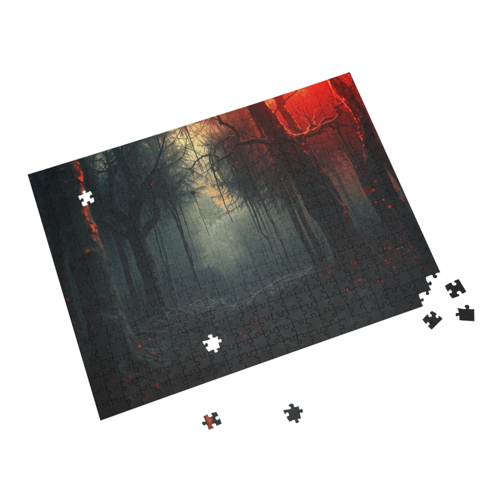 CRIMSONVEIL 500-piece misty crimson forest art puzzle by Scattercrate — deep red moody forest jigsaw gift