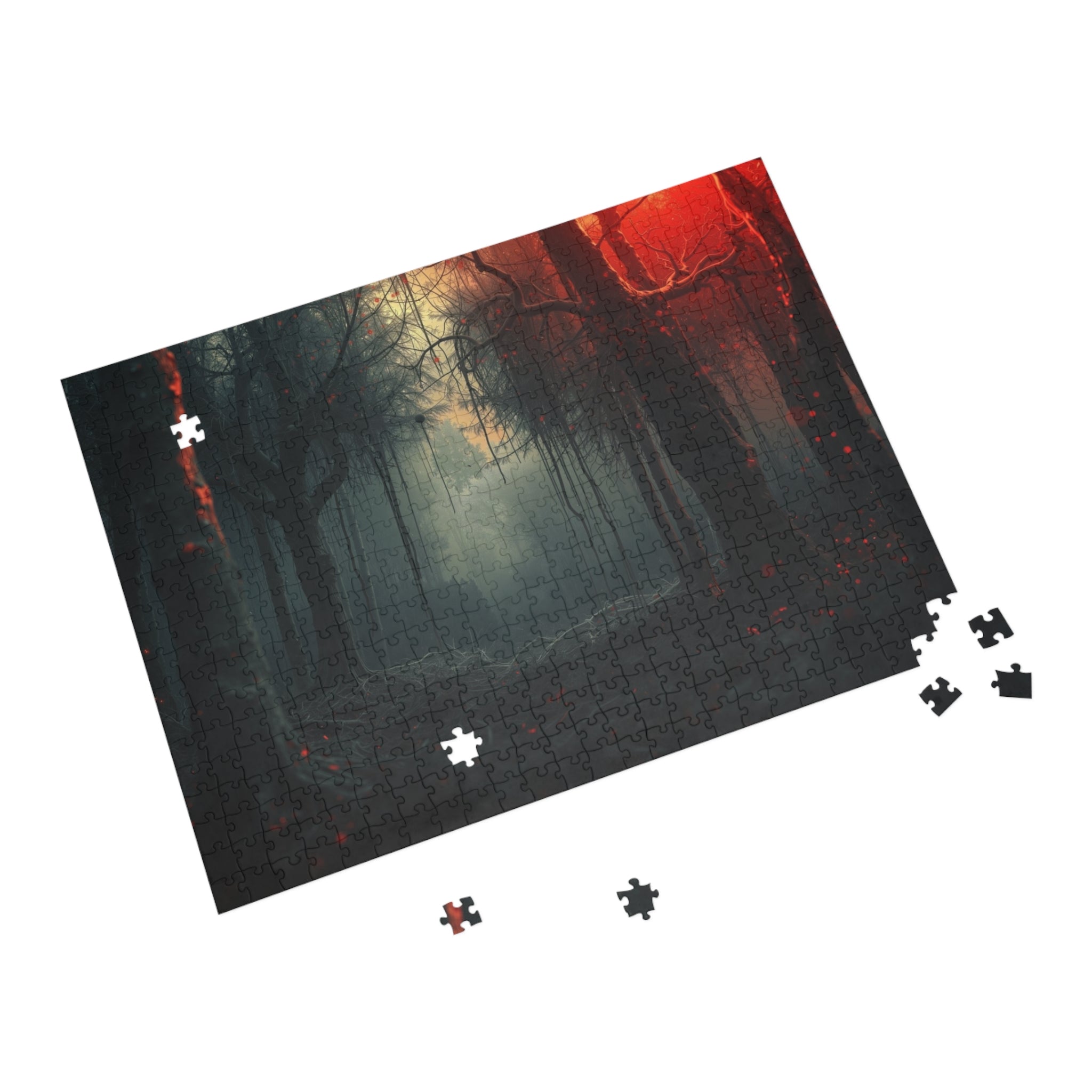 CRIMSONVEIL 500-piece misty crimson forest art puzzle by Scattercrate — deep red moody forest jigsaw gift