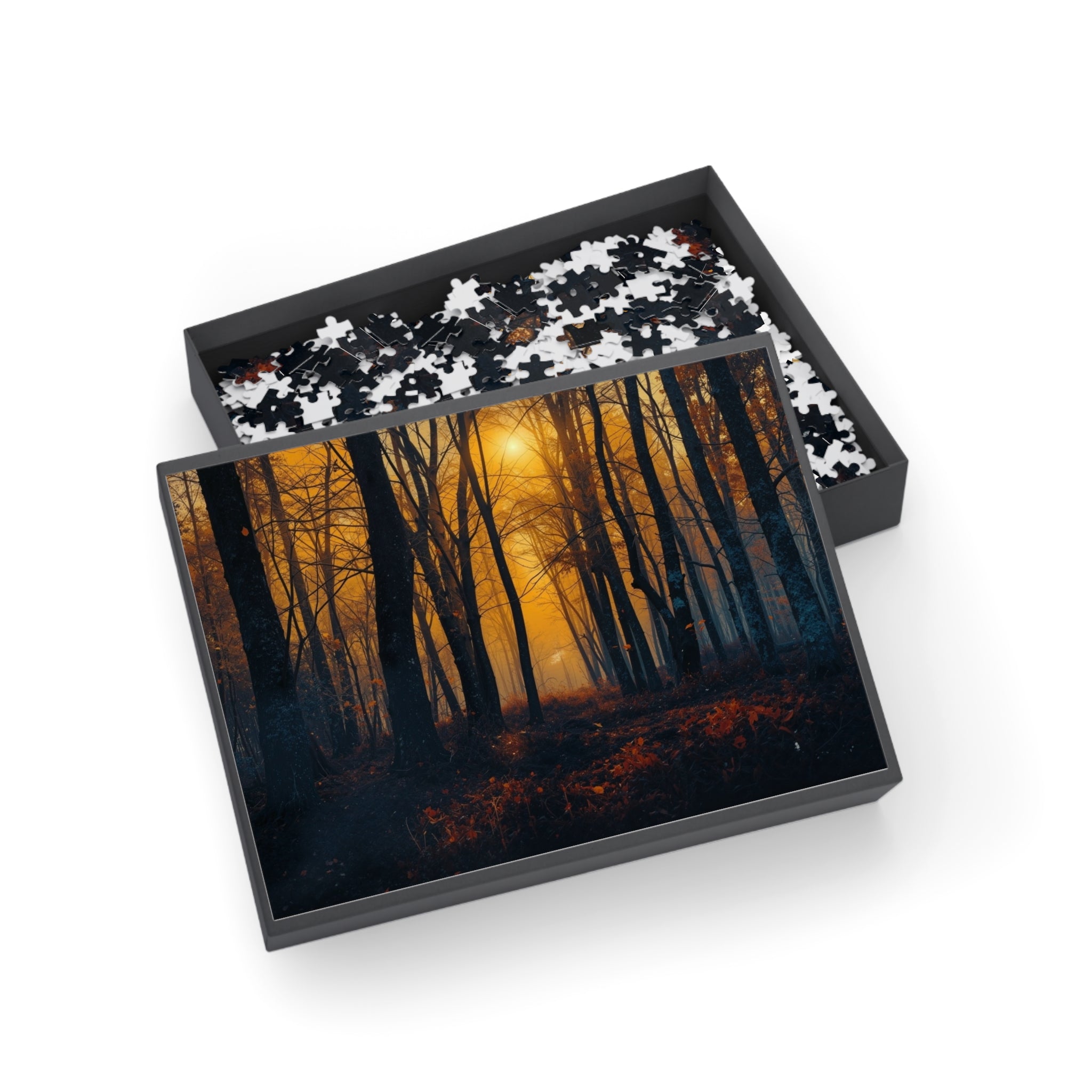 GOLDFALL 500-piece golden dusk forest art puzzle by Scattercrate — golden moody forest jigsaw gift