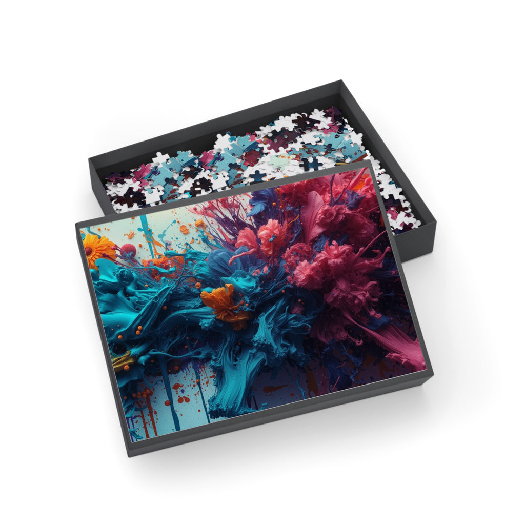 Marigoldtide 500-piece jigsaw puzzle by Scattercrate — turquoise ink tide with real marigold and dahlia blooms