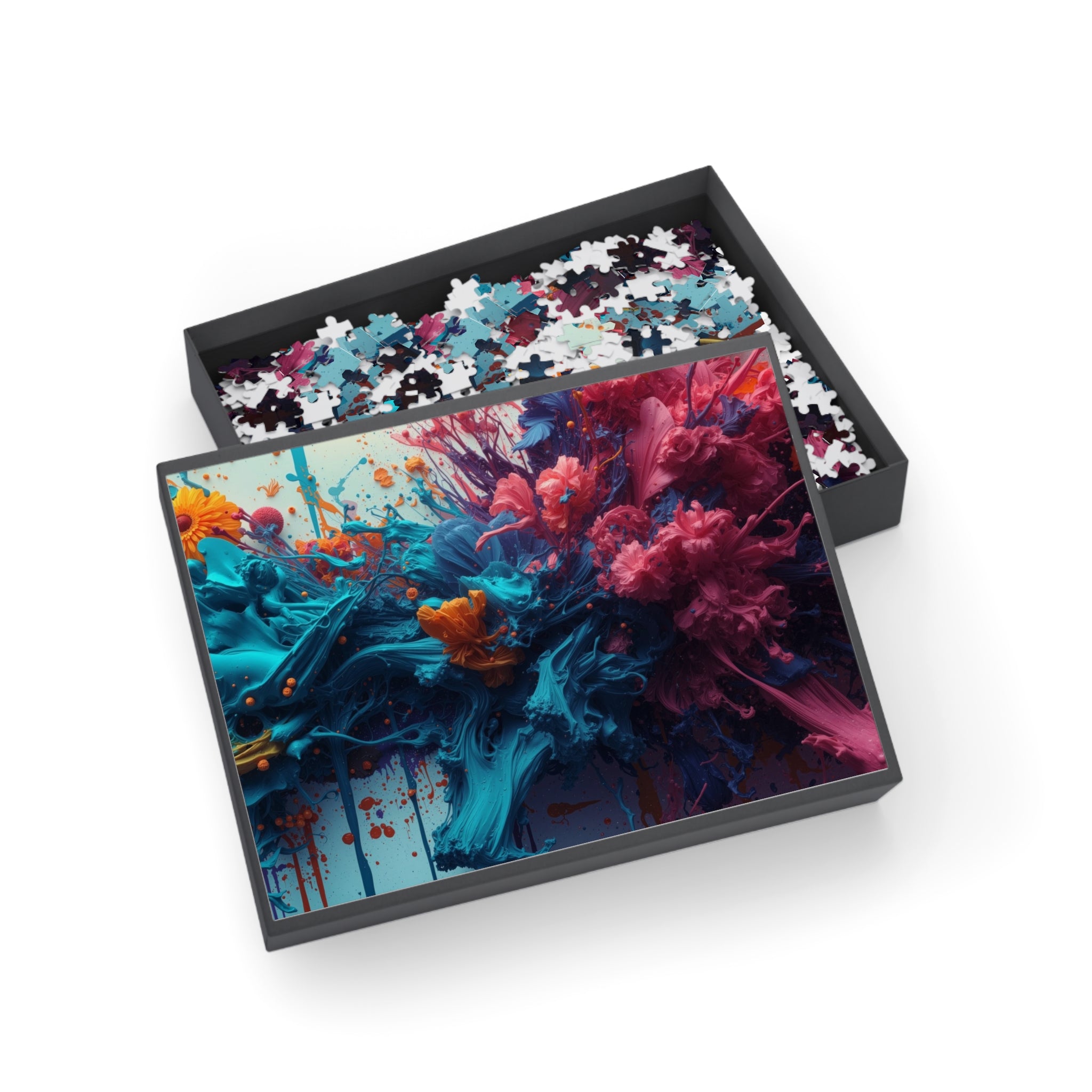 Marigoldtide 500-piece jigsaw puzzle by Scattercrate — turquoise ink tide with real marigold and dahlia blooms