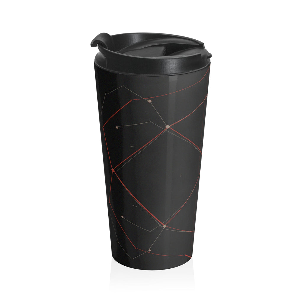 Dead Reckoning stainless steel travel mug by Scattercrate — abstract navigation art drinkware, dark aesthetic