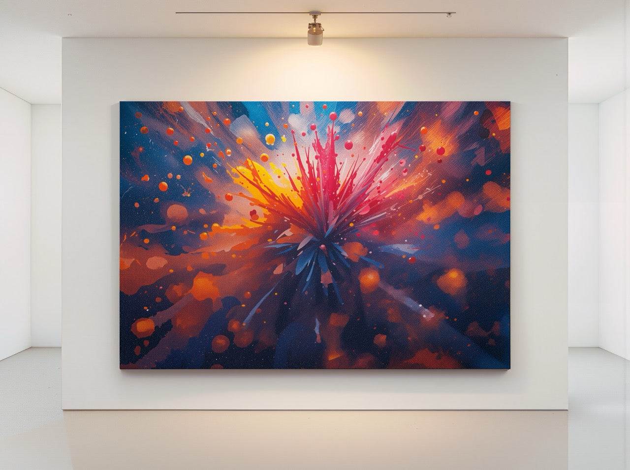 SPINEBLOOM abstract canvas wall art by Scattercrate — coral spines radiating from a starburst against deep indigo