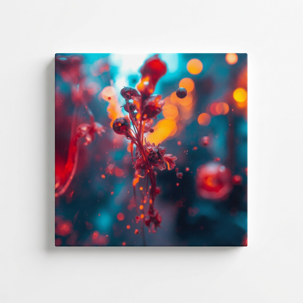 Crimsonsprig canvas print by Scattercrate — a crimson ink sprig suspended in soft teal bokeh