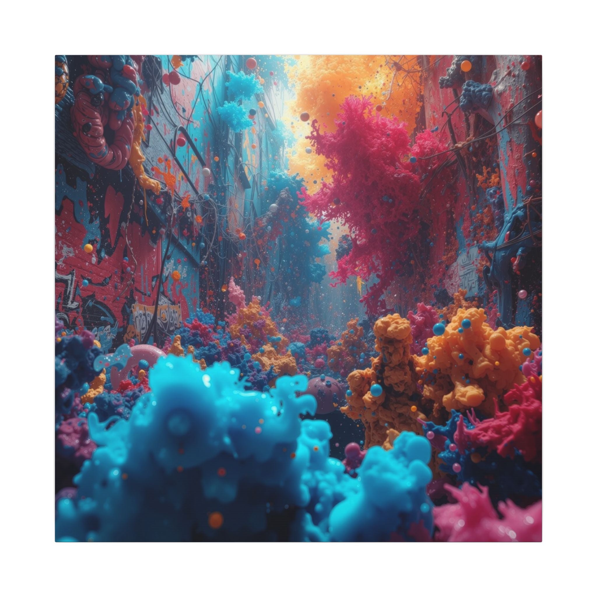 Alleybloom canvas print by Scattercrate — graffiti coral ink blooms on a tagged alley wall