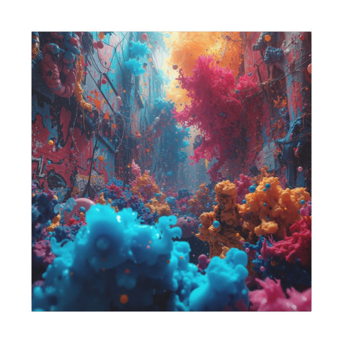 Alleybloom canvas print by Scattercrate — graffiti coral ink blooms on a tagged alley wall