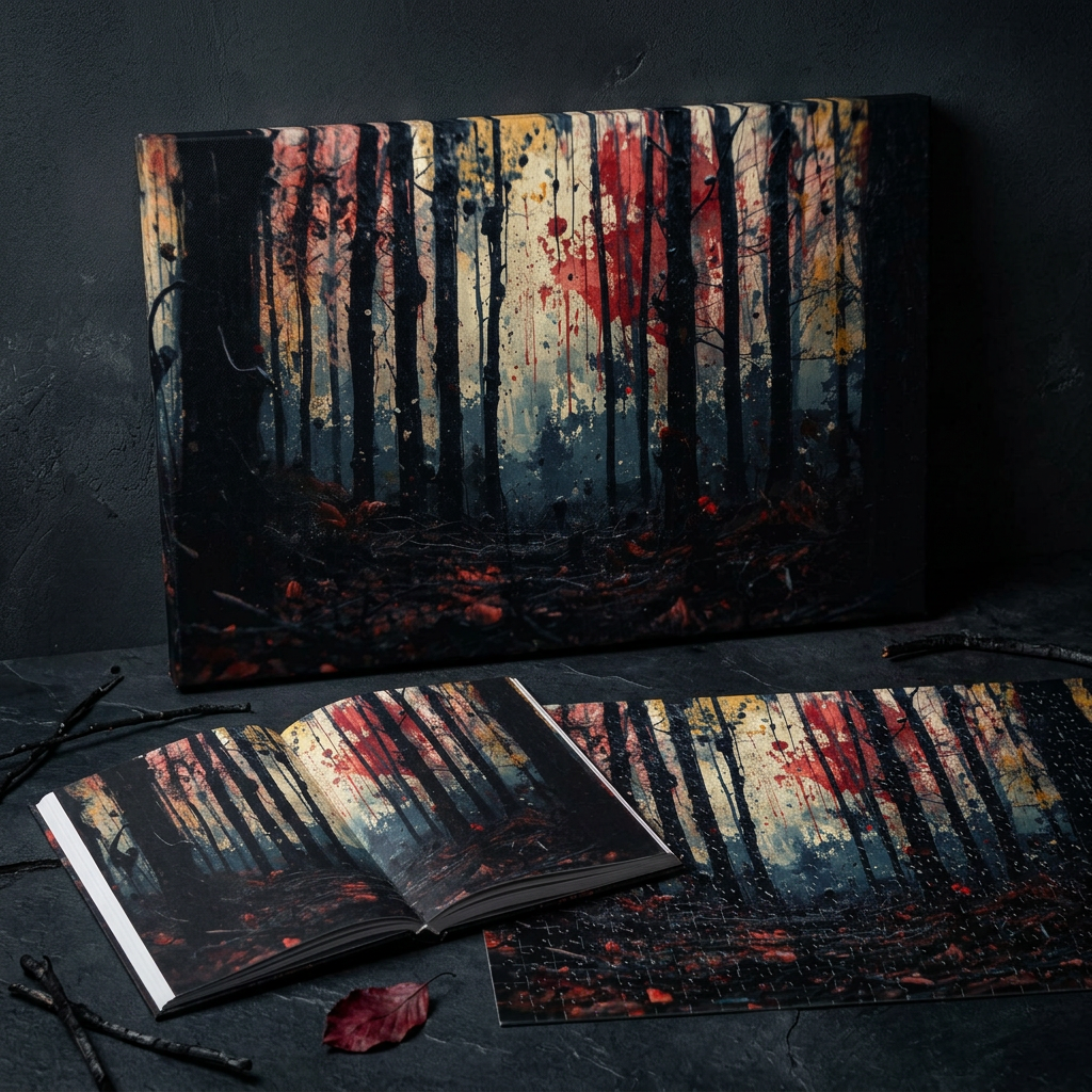 HUSHWOOD abstract ink-forest framed canvas wall art by Scattercrate — hushed moody forest decor