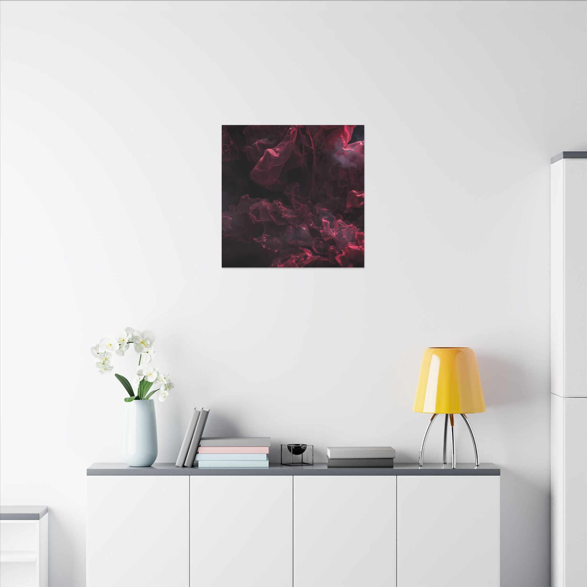 Scarletveil canvas print by Scattercrate — crimson silk folds in cold fog