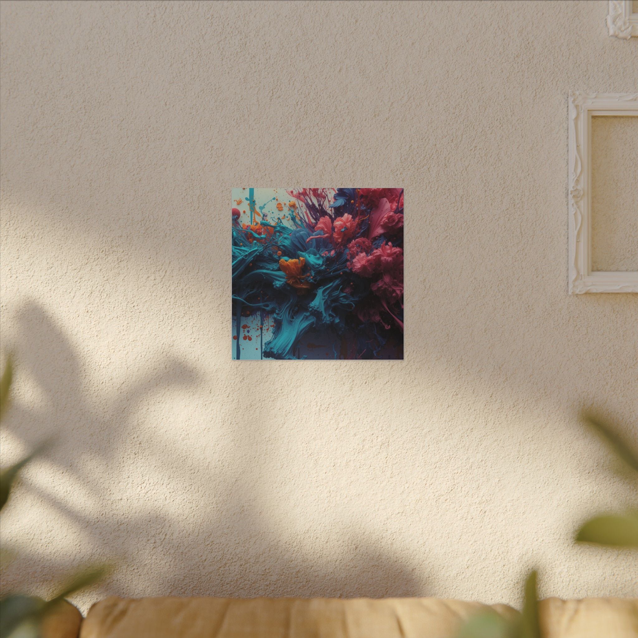 Marigoldtide canvas print by Scattercrate — turquoise ink tide with real marigold and dahlia blooms