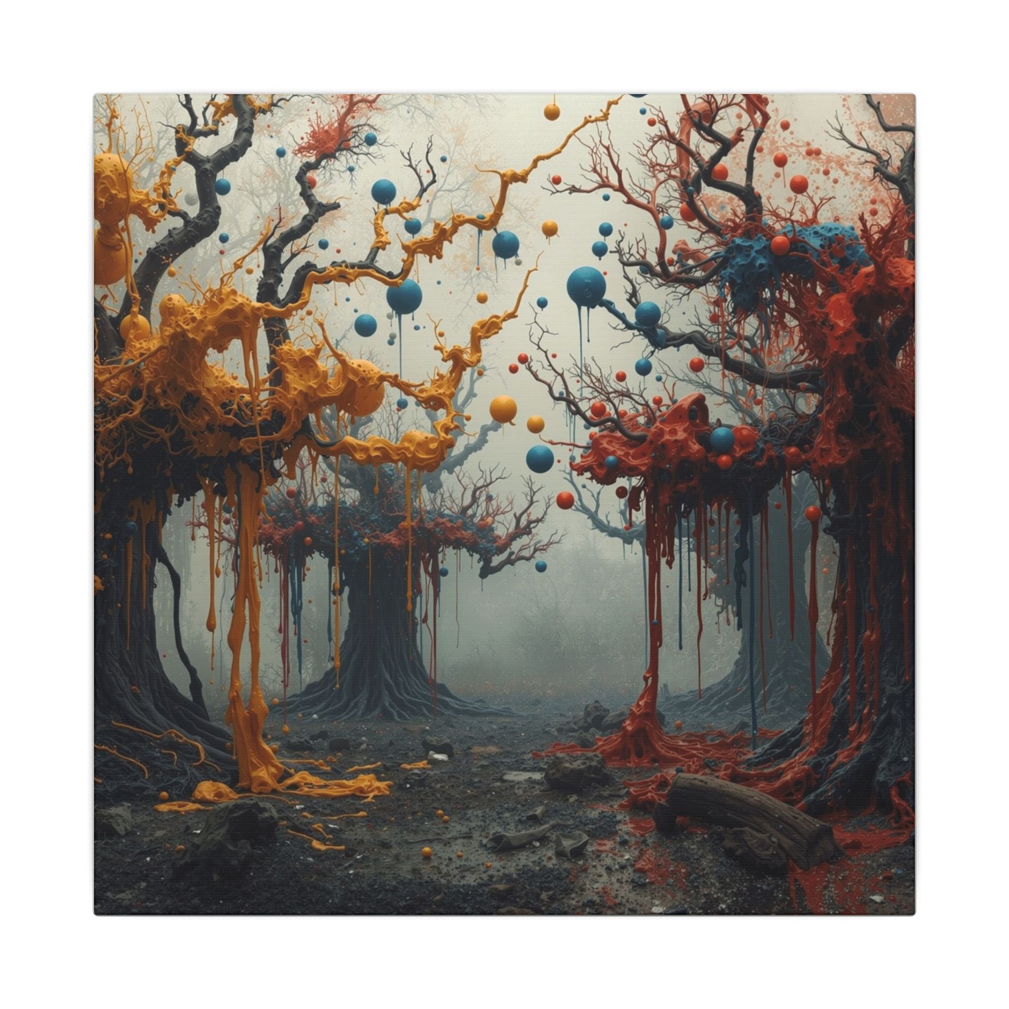 CONJURE surreal paint forest canvas wall art by Scattercrate — gnarled trees dripping gold and crimson