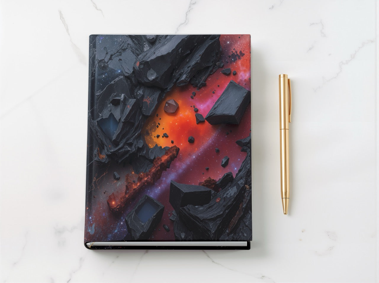 EMBERSHARD hardcover art journal by Scattercrate — obsidian split by a molten crack of ember and rose