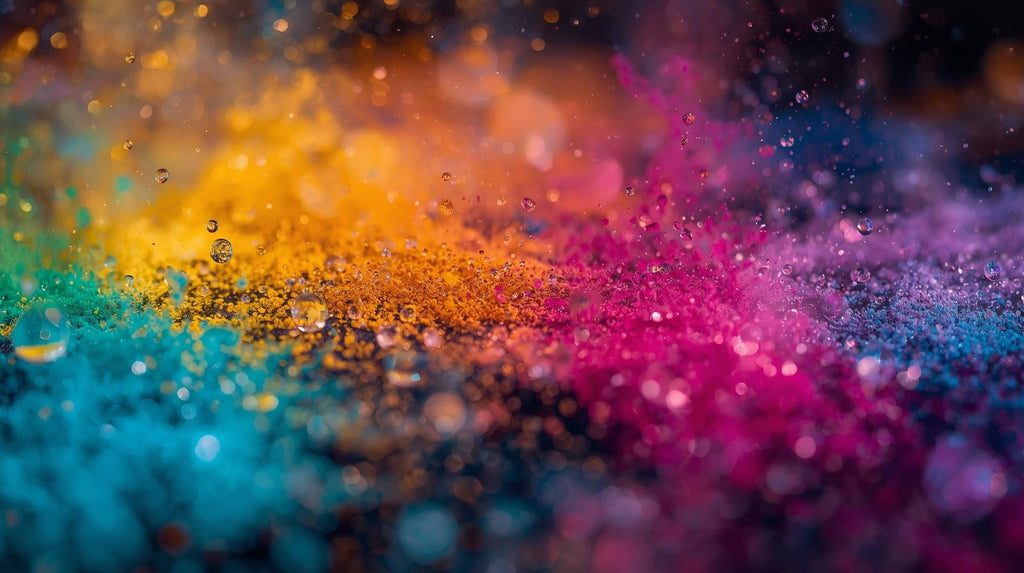 DEWBURST abstract powder splatter art by Scattercrate — teal gold orange magenta dew close-up detail