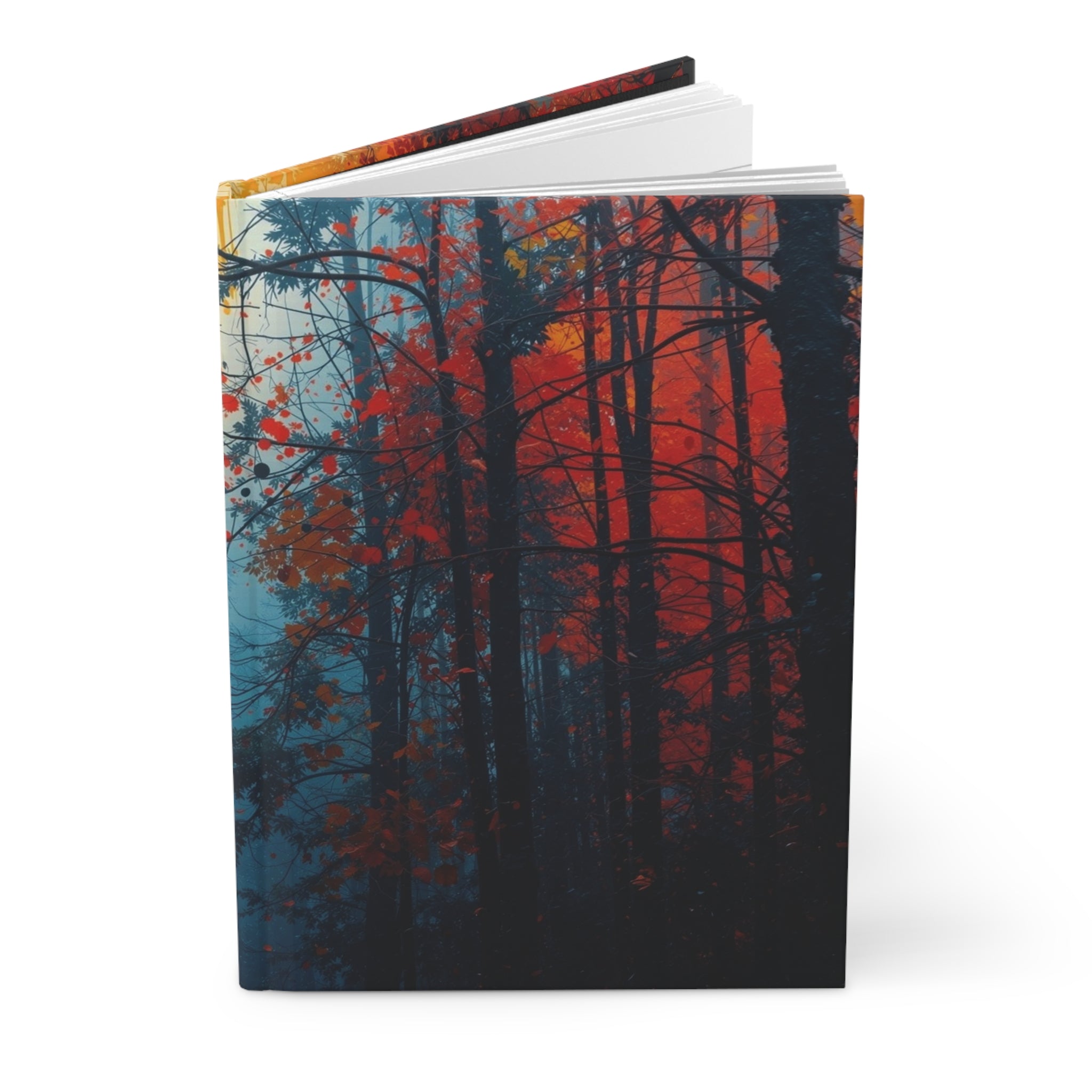SCORCHGROVE fire dusk forest hardcover art journal by Scattercrate — cinematic crimson canopy gold light