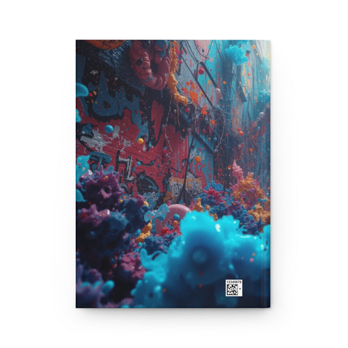 Alleybloom hardcover journal by Scattercrate — graffiti coral ink blooms on a tagged alley wall