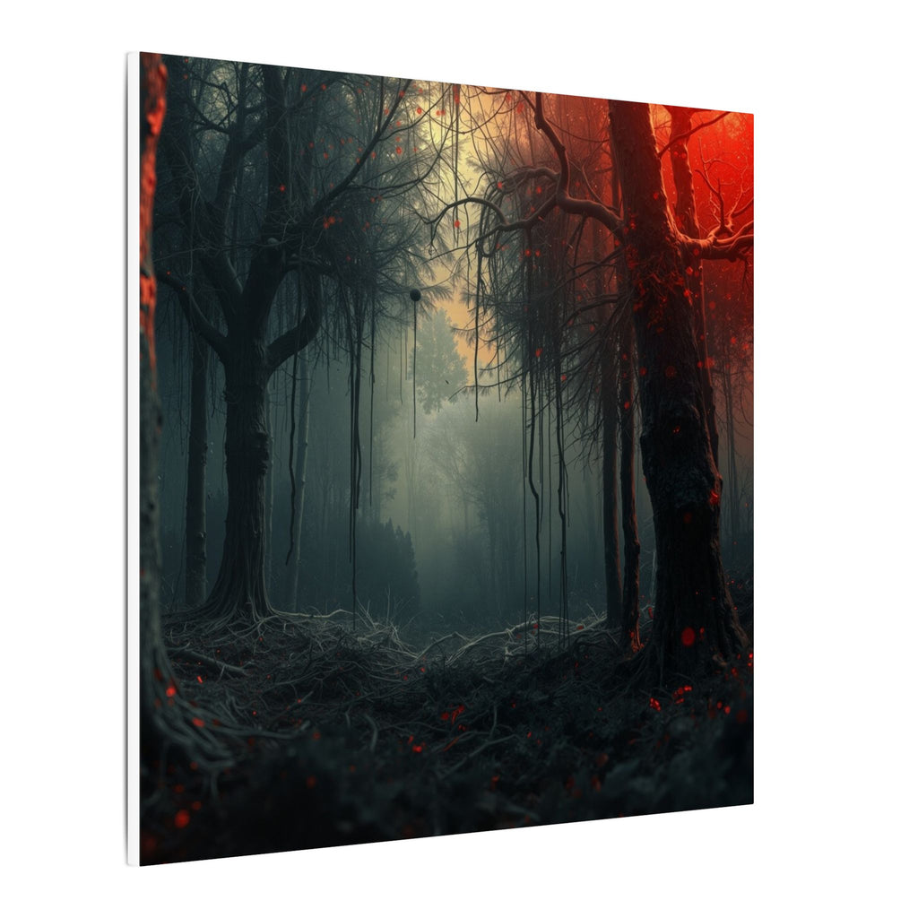 CRIMSONVEIL crimson canopy misty forest framed canvas wall art by Scattercrate — deep red moody decor