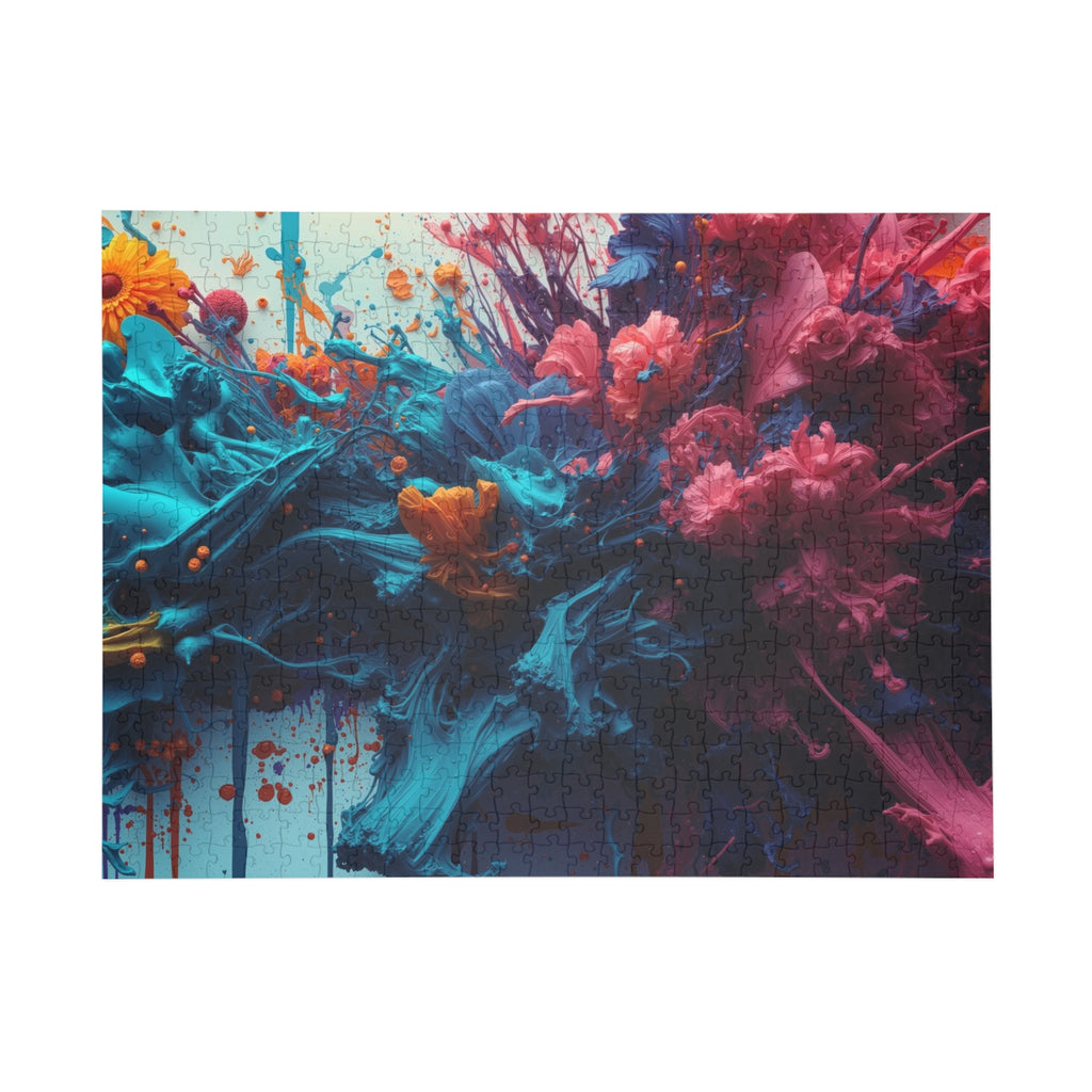 Marigoldtide 500-piece jigsaw puzzle by Scattercrate — turquoise ink tide with real marigold and dahlia blooms