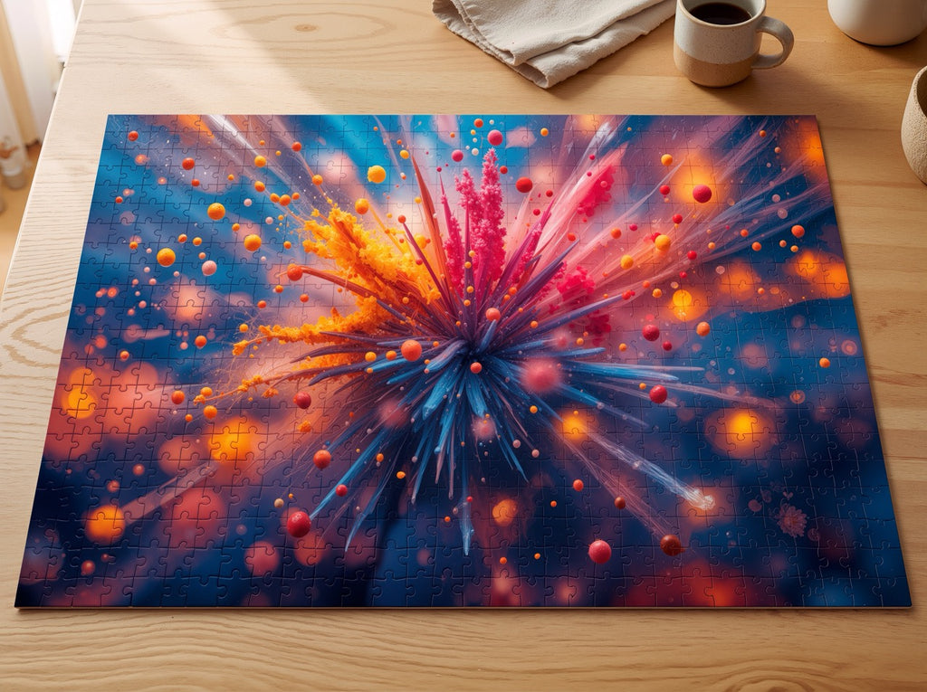 SPINEBLOOM 500-piece art puzzle by Scattercrate — coral spines radiating from a starburst against deep indigo