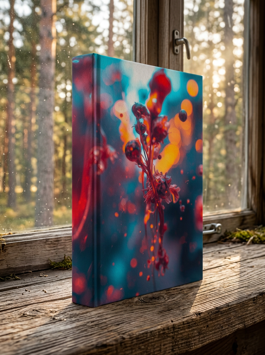 Crimsonsprig hardcover journal by Scattercrate — a crimson ink sprig suspended in soft teal bokeh