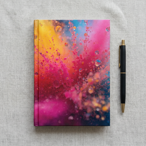 CHROMADRIFT hardcover journal by Scattercrate — neon powder explosion in orange pink and blue