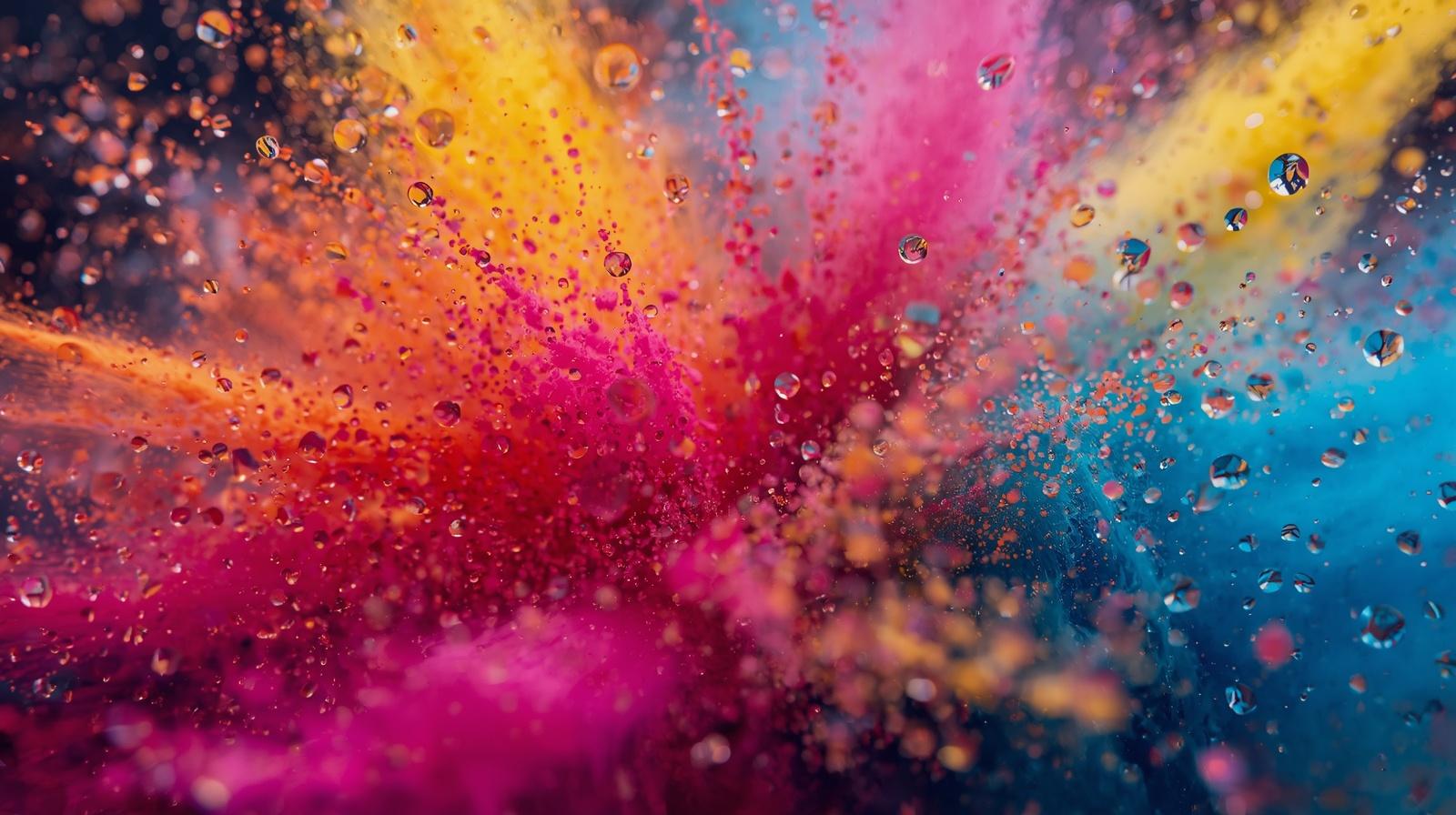 CHROMADRIFT abstract powder splatter art by Scattercrate — explosive magenta orange cyan dew close-up detail