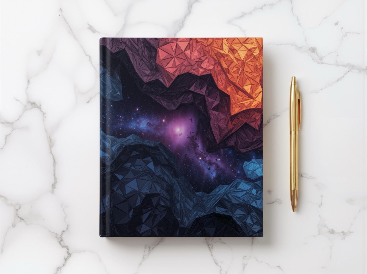 MOLTENRIDGE hardcover art journal by Scattercrate — black stone ridgelines lit from within by rose and cobalt