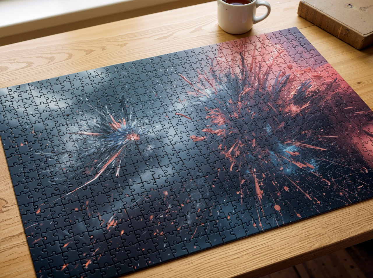 STORMFLARE 500-piece art puzzle by Scattercrate — a flare of red and white breaking apart in a storm-dark sky