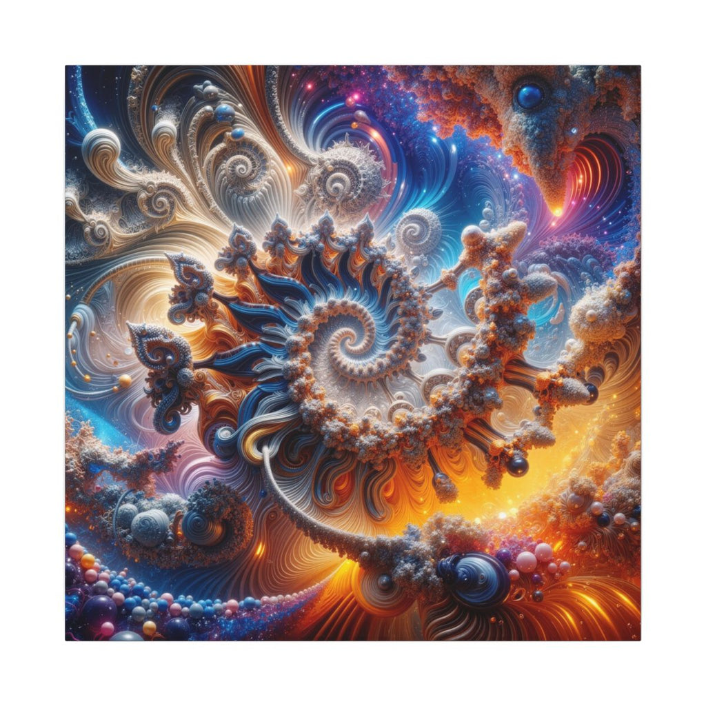 AMMONITE cosmic spiral shell canvas print by Scattercrate — icy blue fractal coil against molten gold