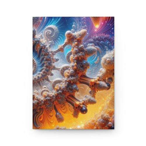 AMMONITE cosmic spiral shell hardcover journal by Scattercrate — icy blue fractal coil against molten gold