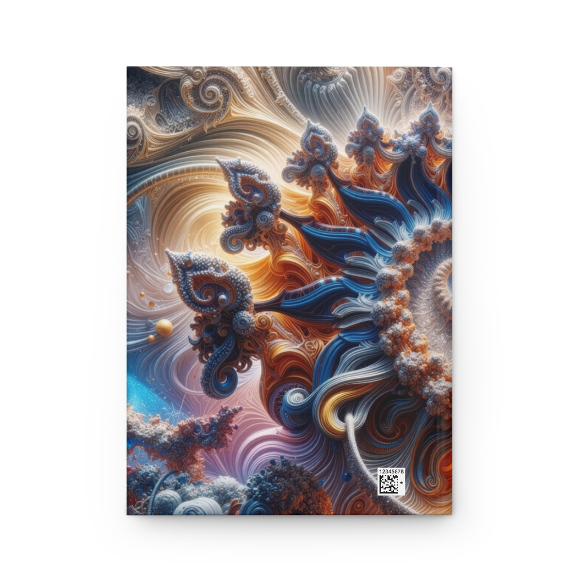 AMMONITE cosmic spiral shell hardcover journal by Scattercrate — icy blue fractal coil against molten gold