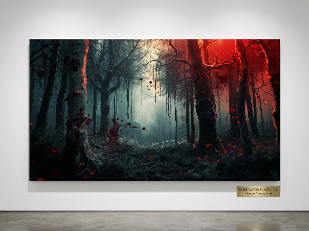 CRIMSONVEIL crimson canopy misty forest framed canvas wall art by Scattercrate — deep red moody decor