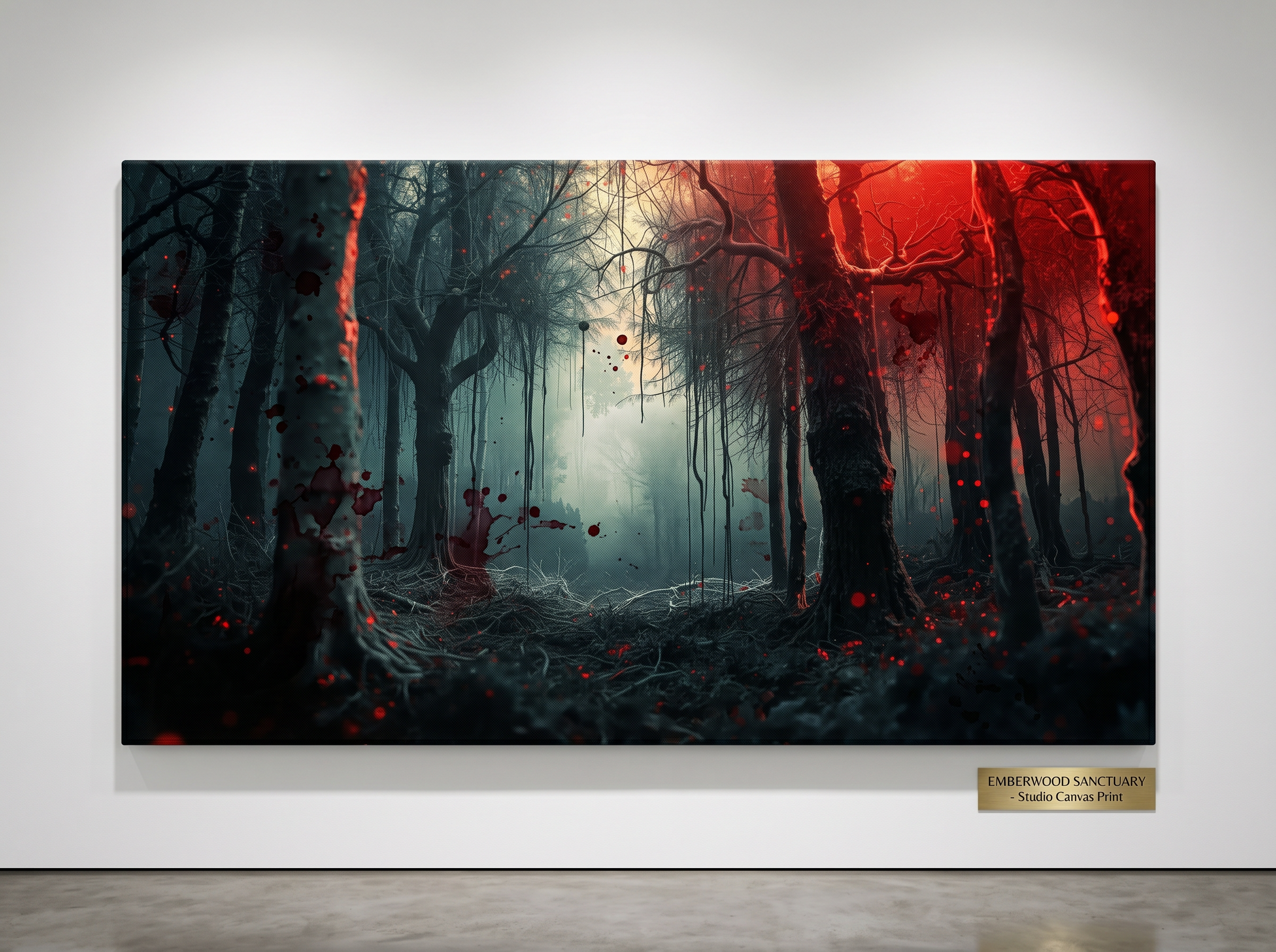 CRIMSONVEIL crimson canopy misty forest framed canvas wall art by Scattercrate — deep red moody decor