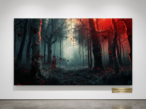 CRIMSONVEIL crimson canopy misty forest framed canvas wall art by Scattercrate — deep red moody decor
