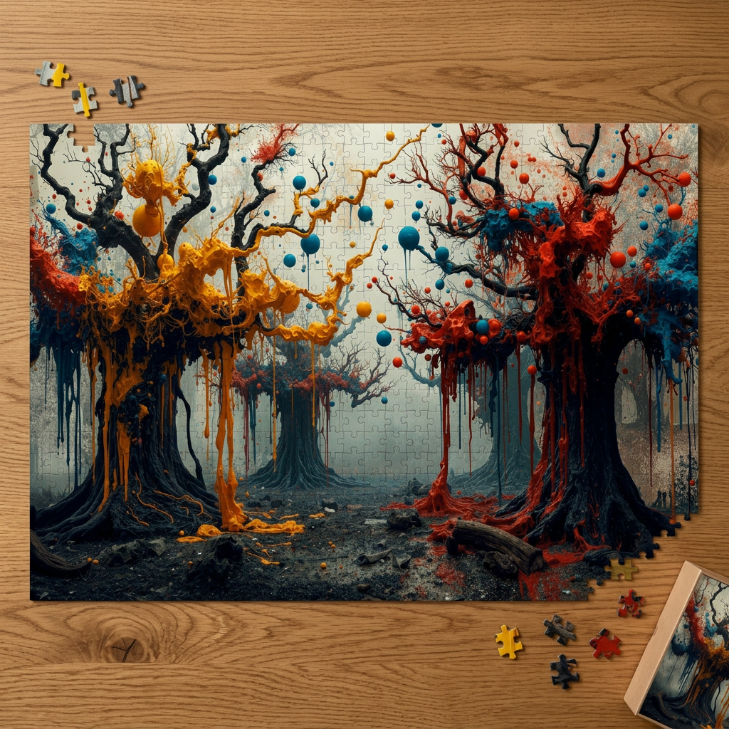 CONJURE surreal paint forest art puzzle by Scattercrate — lifestyle mockup gnarled trees gold crimson