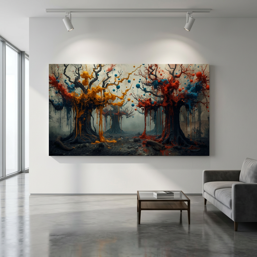 CONJURE surreal paint forest canvas wall art by Scattercrate — lifestyle mockup gnarled trees gold crimson