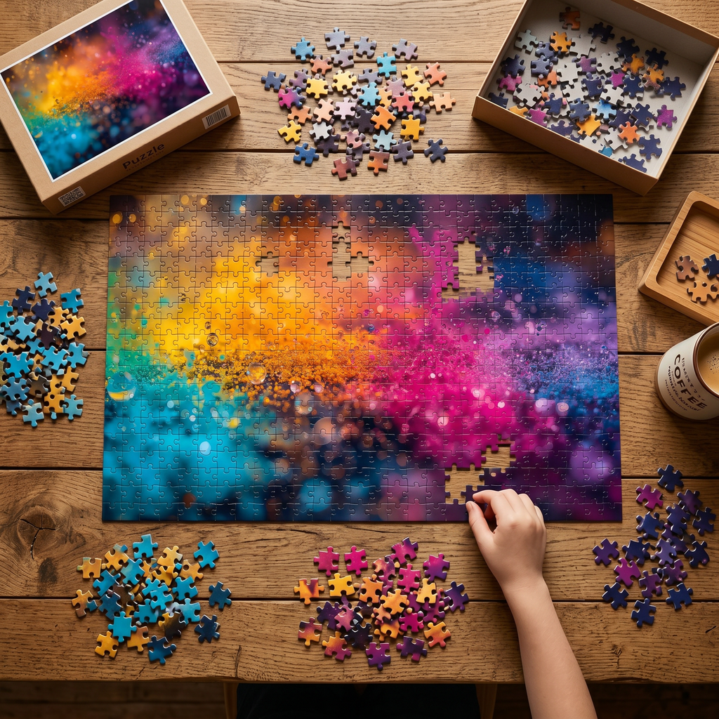 DEWBURST 1000-piece puzzle by Scattercrate — teal-to-magenta bokeh explosion