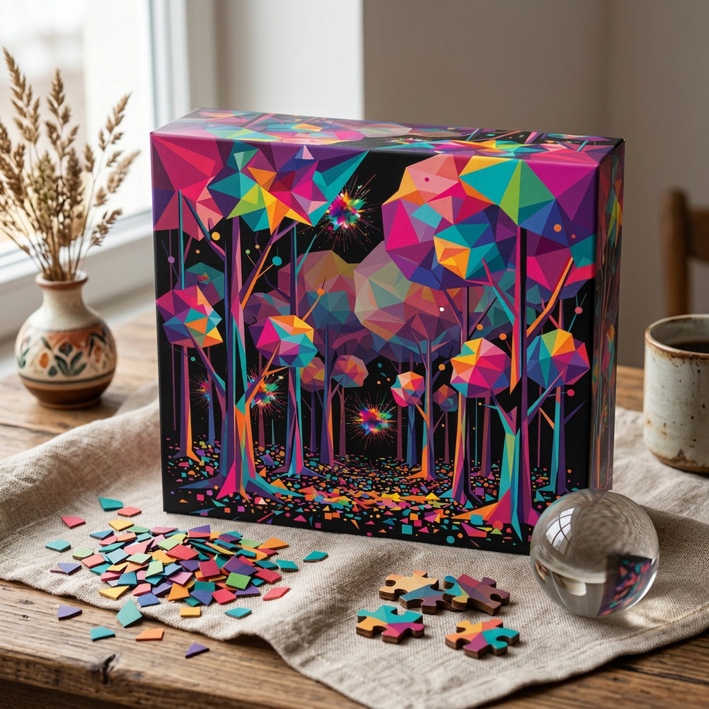 GEOMETRIC FOREST 500-piece art puzzle by Scattercrate — emerald and gold low-poly geometric forest