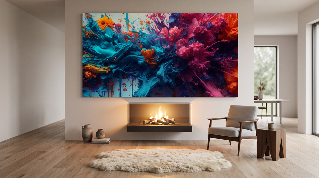 Marigoldtide canvas print by Scattercrate — turquoise ink tide with real marigold and dahlia blooms, shown above a fireplace in a modern living room