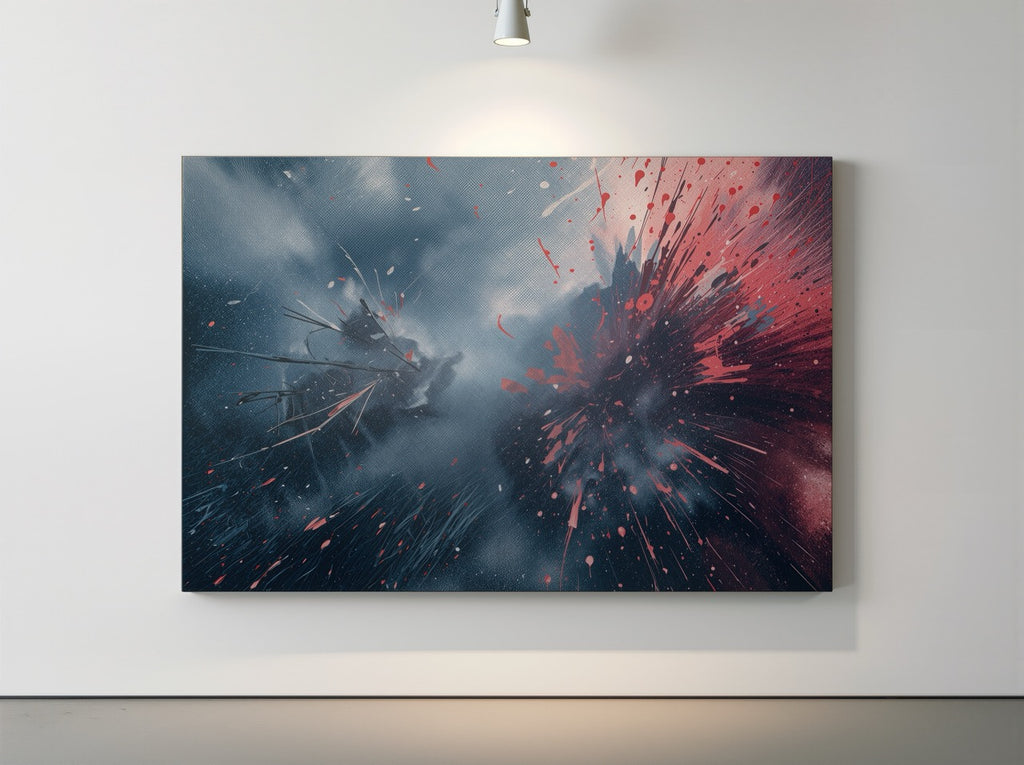STORMFLARE abstract canvas wall art by Scattercrate — a flare of red and white breaking apart in a storm-dark sky
