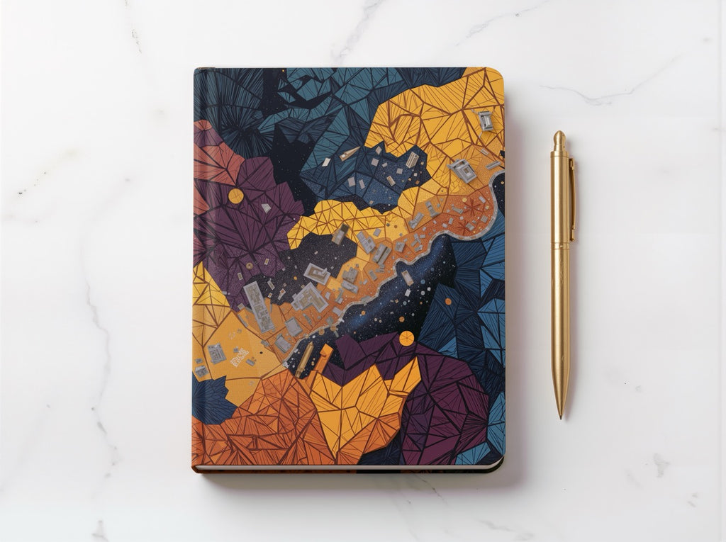 FACETBLOOM hardcover art journal by Scattercrate — low-poly amber and gold shards fractured across a wine-dark field